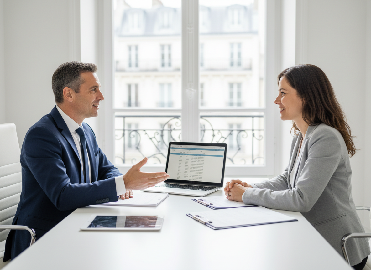 Conseiller en assurance dans un bureau moderne et lumineux