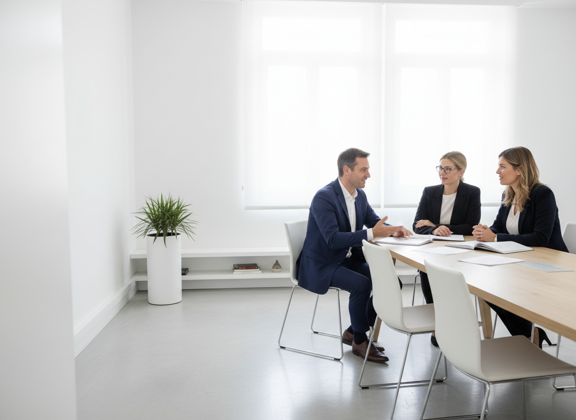 Conseiller en assurance recevant un couple dans un bureau lumineux