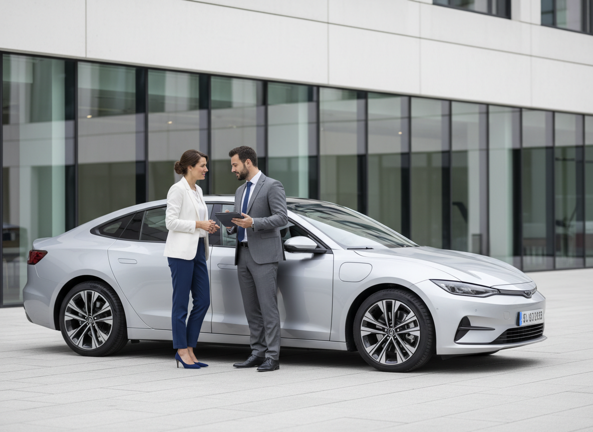 Conseiller en assurance automobile échangeant avec un couple près de leur véhicule