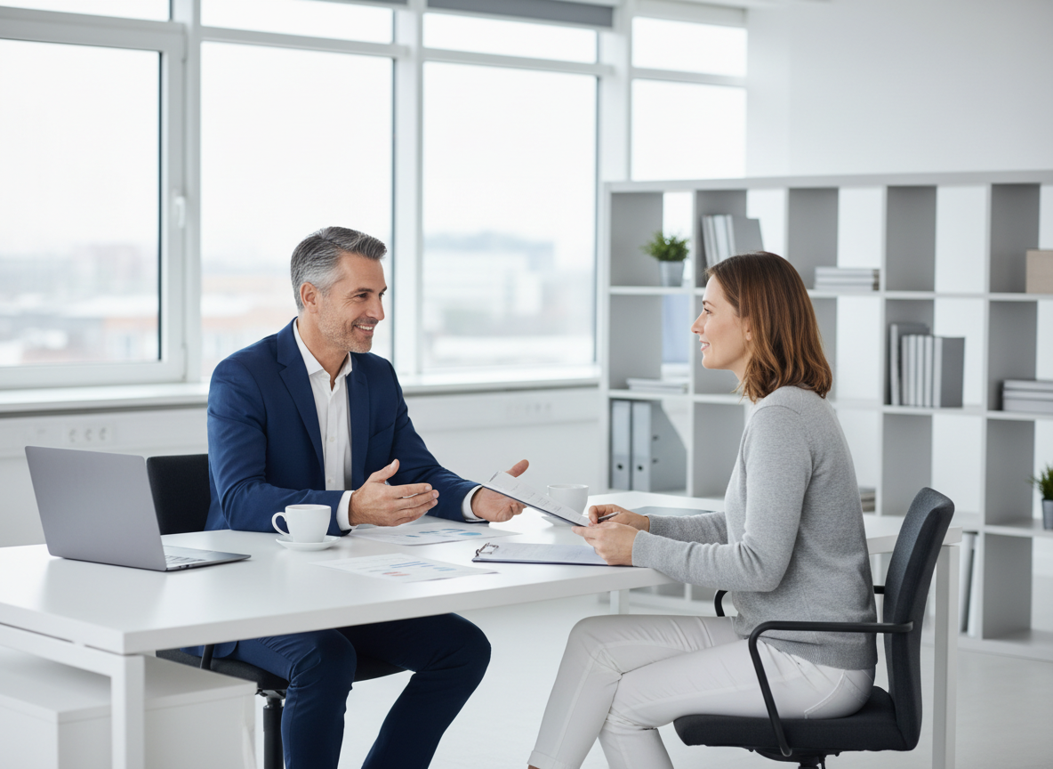Conseiller en assurance accueillant un client pour une demande de devis