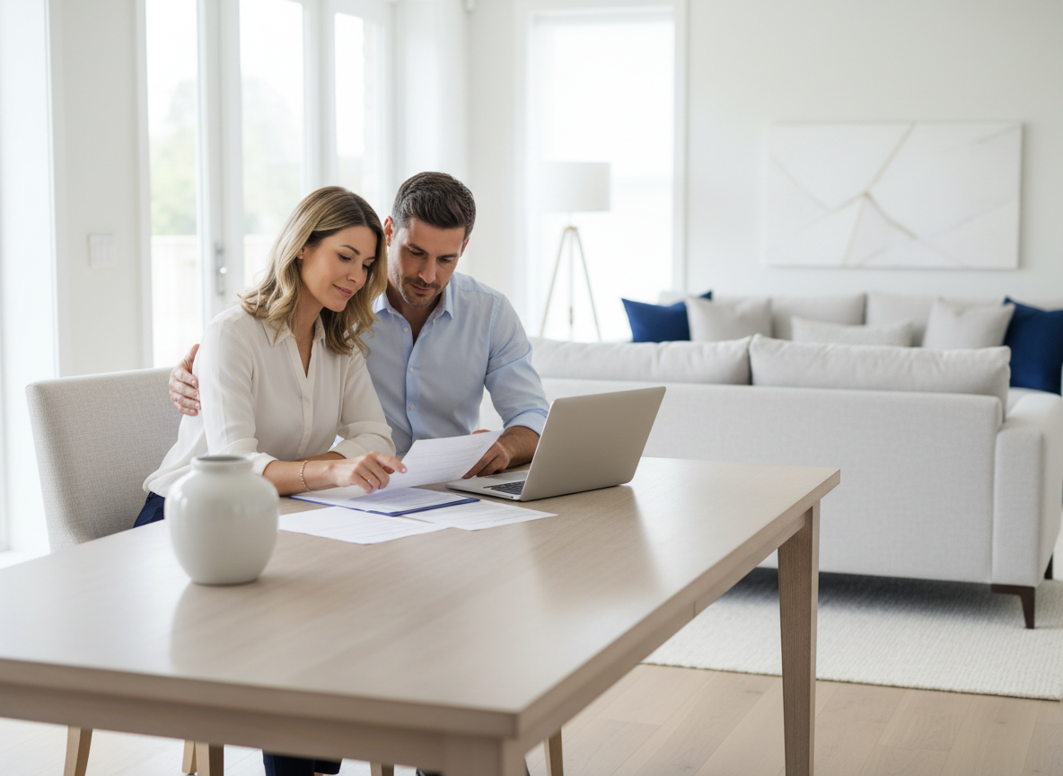 Couple étudiant son assurance habitation dans un intérieur lumineux