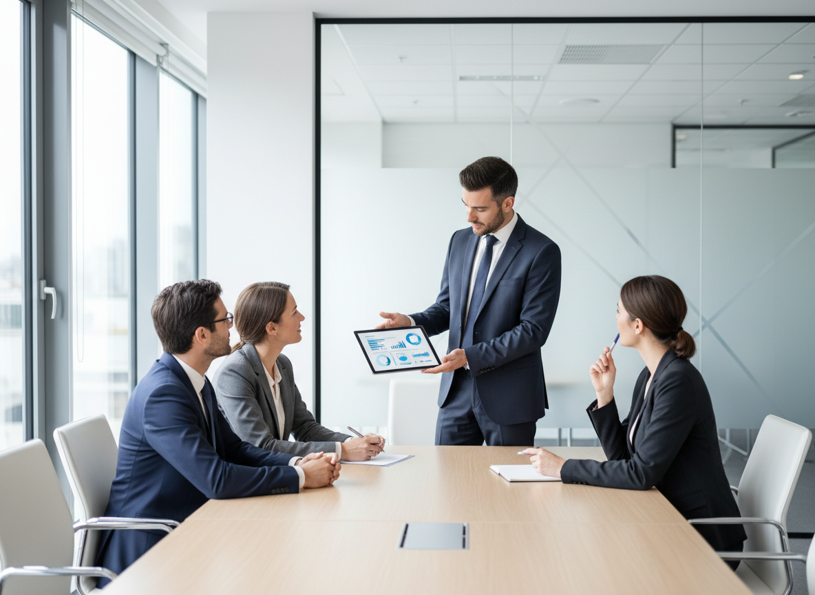 Conseiller présentant une mutuelle collective à une équipe d'entreprise
