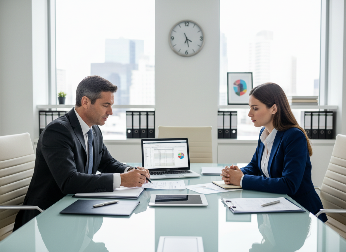 Conseiller en assurance analysant les risques professionnels avec un entrepreneur
